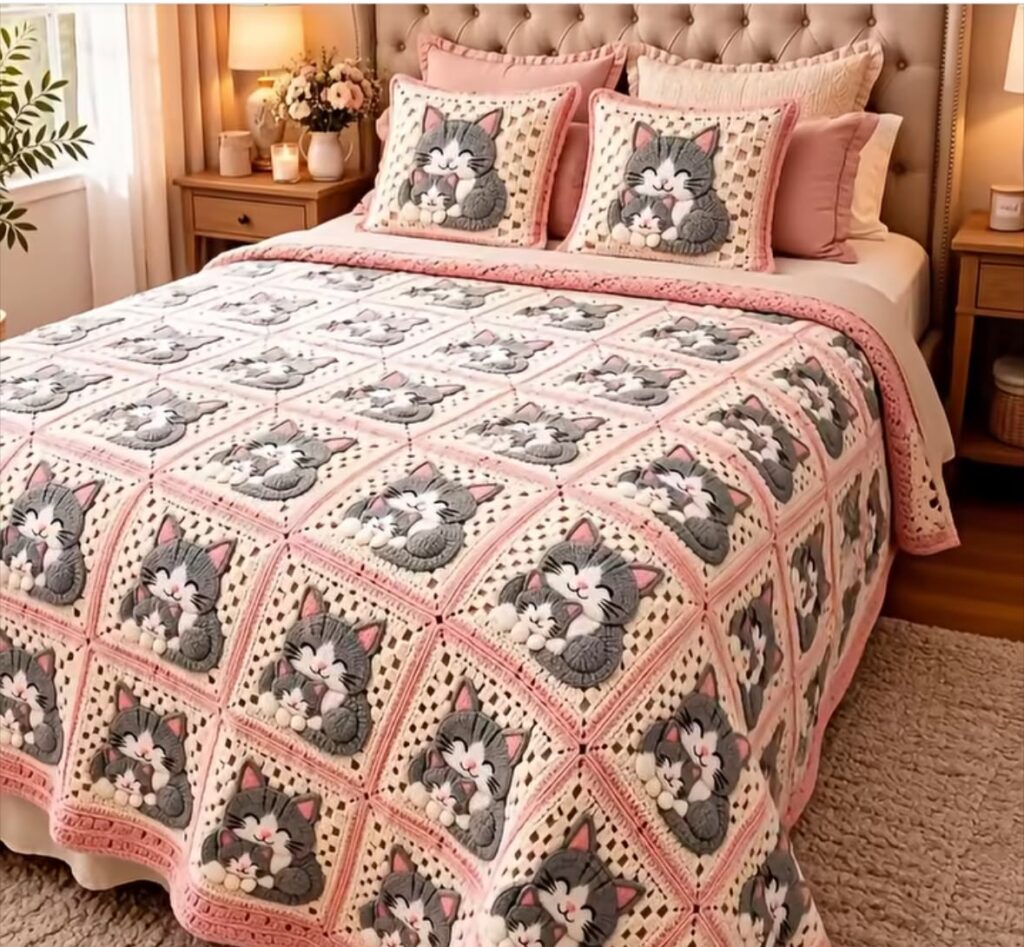 Crochet Mommy Baby Cat Bedspread - Fornei